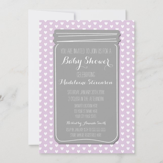 Purple Grey Heart Mason Jar Baby shower Invitation (Dos)