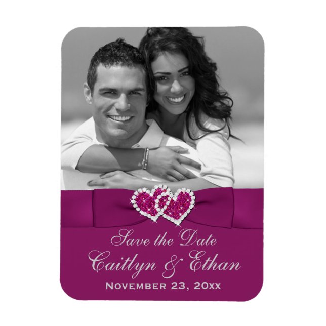Purple, Grey Hearts Save the Date Photo Magnet (Vertical)