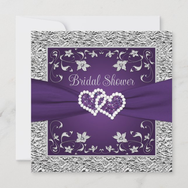 Purple, Grey Love Hearts Bridal Shower Invitation (Devant)