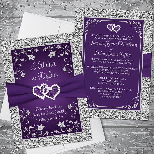 Purple, Grey Love Hearts Faire-part de mariage (Romantic Purple and Silver Gray Floral Wedding Invitation with Ribbon and Joined Hearts (PRINTED ON))