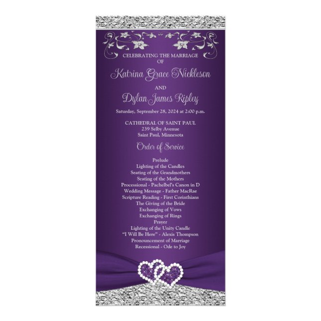 Purple, Grey Love Hearts Programme de mariage (Devant)