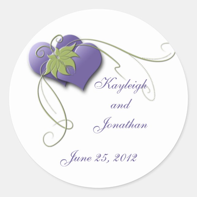 Purple Hearts Green Swirls Save the Date Sticker (Devant)