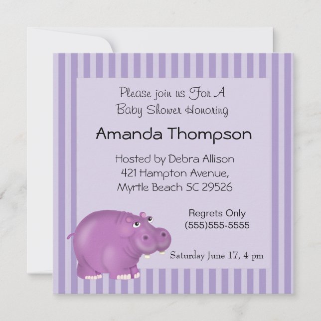 Purple Hippo Baby Shower Invitations (Devant)