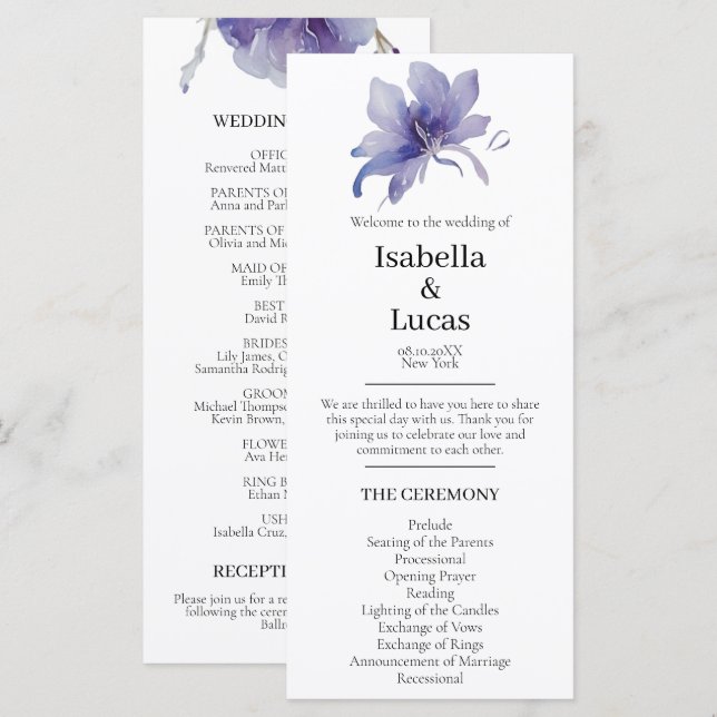 Purple Iris Watercolor Wedding Programme (Devant / Derrière)