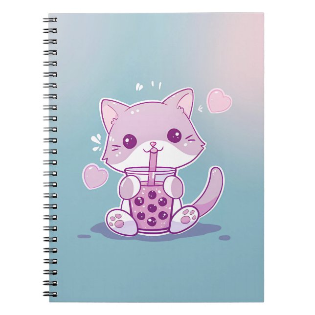 Purple Kawaii Chat Boire Boba Tea Note Livre (Devant)