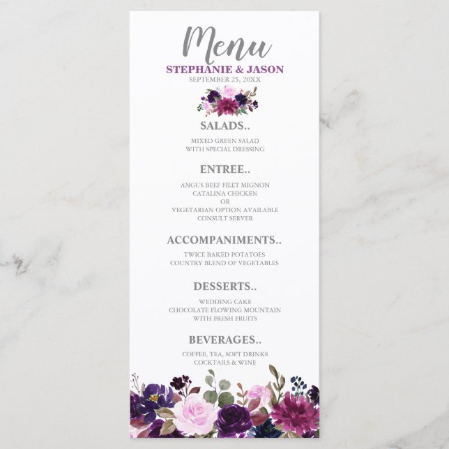 Purple Lavender Floral Boho menu Mariage (Devant)