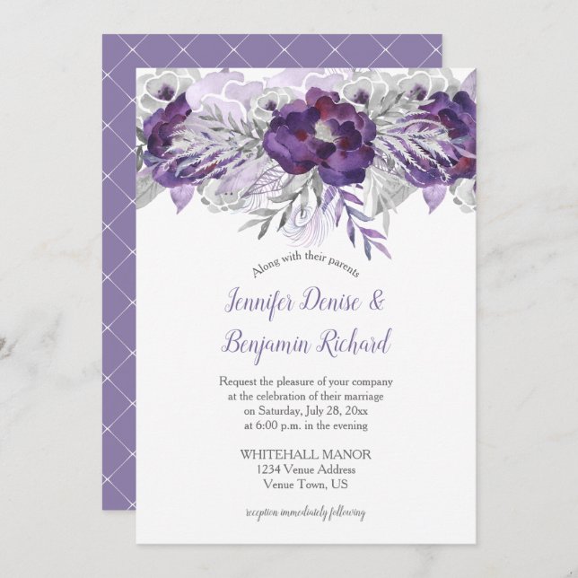 Purple Lavender Gris Aquarelle Fleurs Invitation (Devant / Derrière)