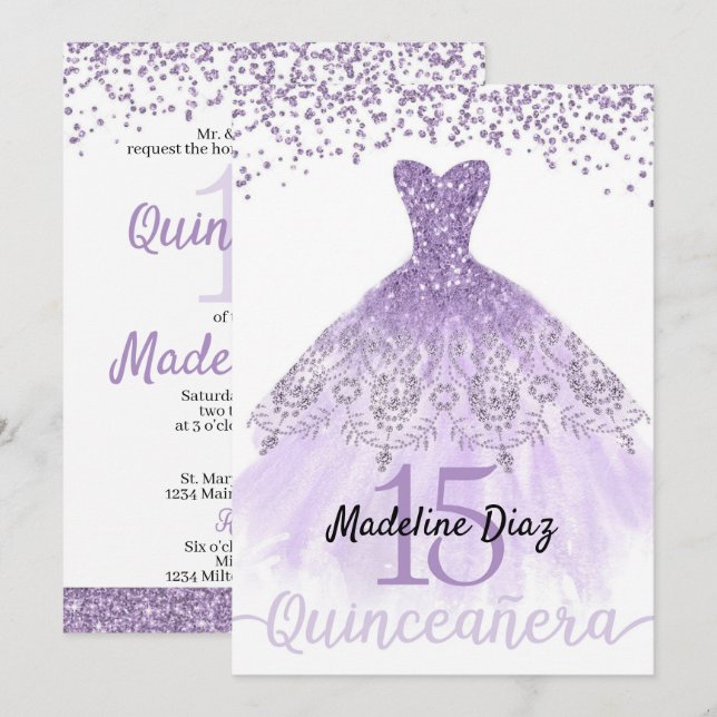 Purple Lavender Quinceanera Invitation Anniversair (Devant / Derrière)