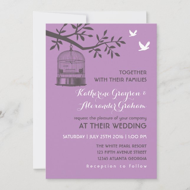 Purple Lavender Rustic Bird Cage Invitation (Devant)