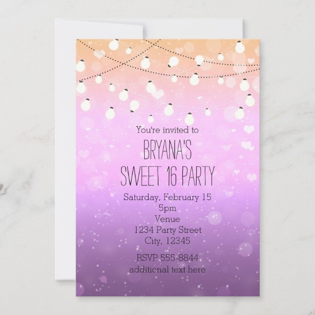Purple Lights Sparkle Sweet 16 Invitations de part (Devant)