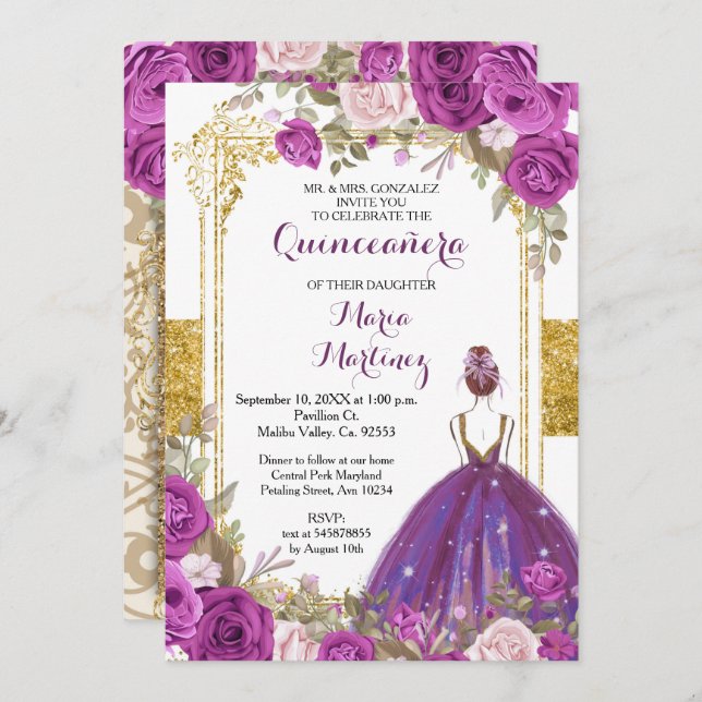 Purple Lilac Fleurs Or Quinceanera Invitation (Devant / Derrière)