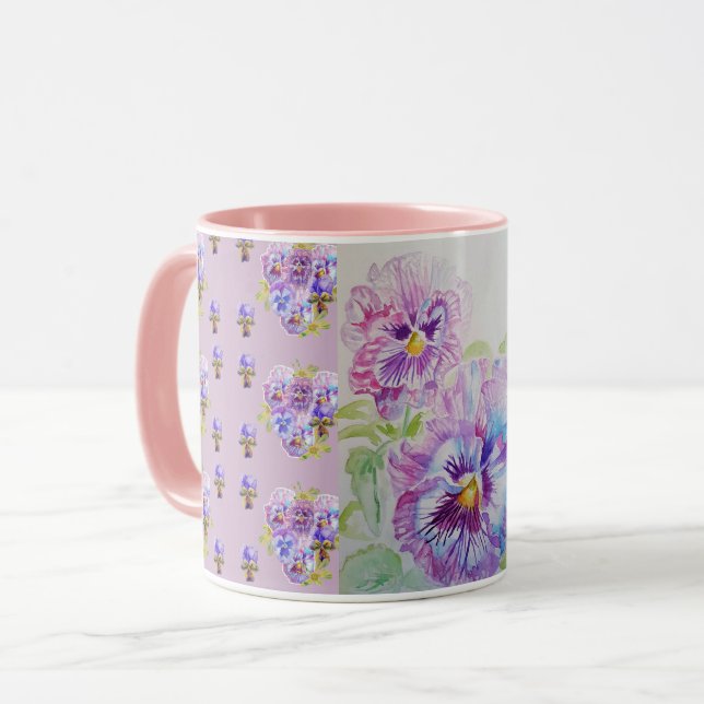 Purple Lilac Pansies mauve Aquarelle Peinture Mug (Devant gauche)
