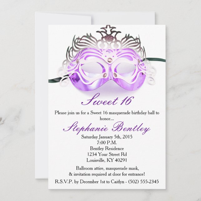 Purple Masquerade Sweet 16 Anniversaire Invitation (Devant)
