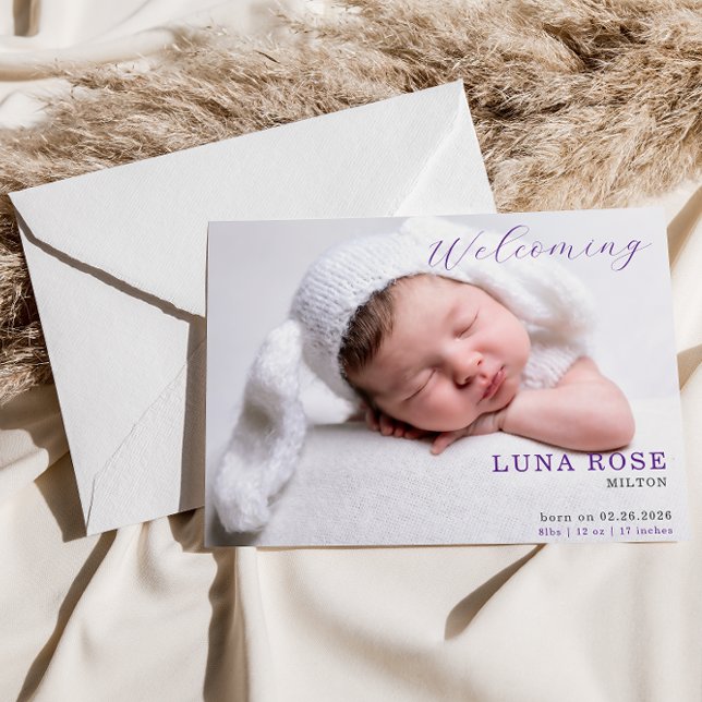 Purple Minimalist Photo Baby Announcement Card (Créateur téléchargé)