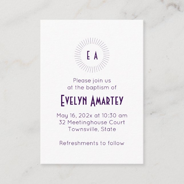 Purple Monogram Circle Baptism Invitation (Devant)