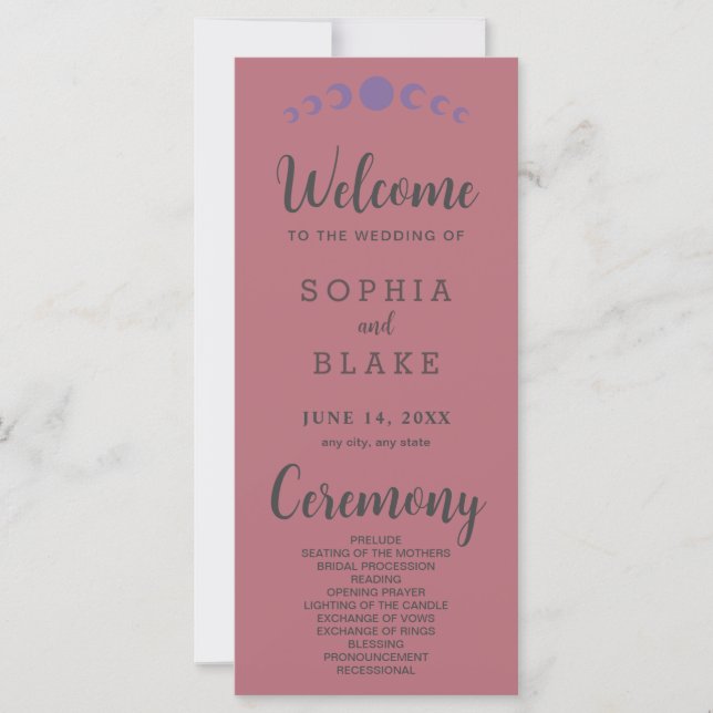 Purple Moon Phases Rose Gold Wedding Programme (Devant)