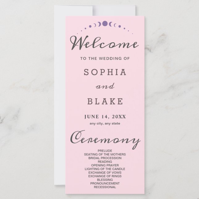 Purple Moon Phases Soft Pink Wedding Programme (Devant)