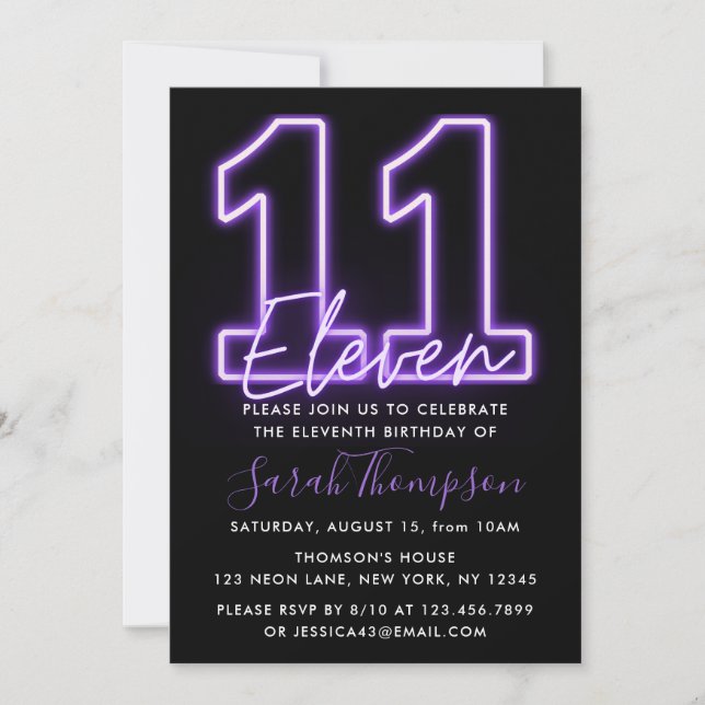 Purple Neon 11e anniversaire Invitation (Devant)