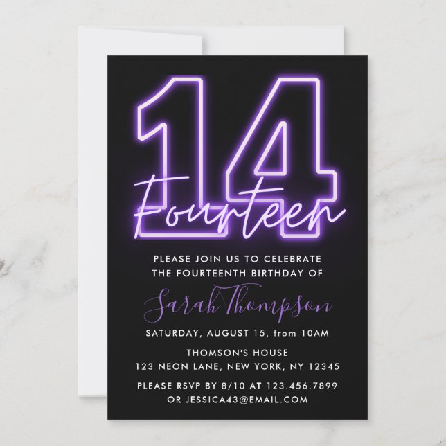 Purple Neon 14e anniversaire Invitation (Devant)
