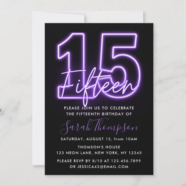 Purple Neon 15e anniversaire Invitation (Devant)