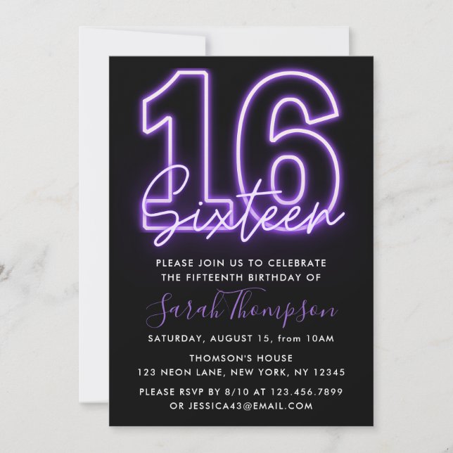 Purple Neon 16e anniversaire Invitation (Devant)