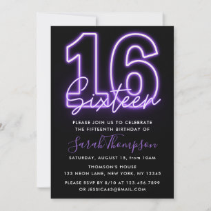 Purple Neon 16e anniversaire Invitation