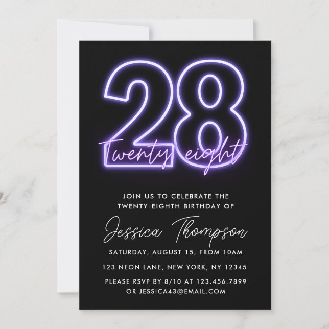 Purple Neon 28e anniversaire Invitation (Devant)