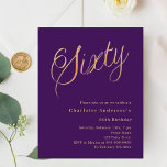Purple or script 60e anniversaire invitation<br><div class="desc">Une invitation design et moderne pour une fête du 60e anniversaire. Un arrière - plan de couleur violette et le mot Sixty écrit avec d'élégantes grandes lettres de script en faux or. Personnalisez et ajoutez un nom et des détails du parti. 1 feuille = 1 invite imprimé bord à bord....</div>