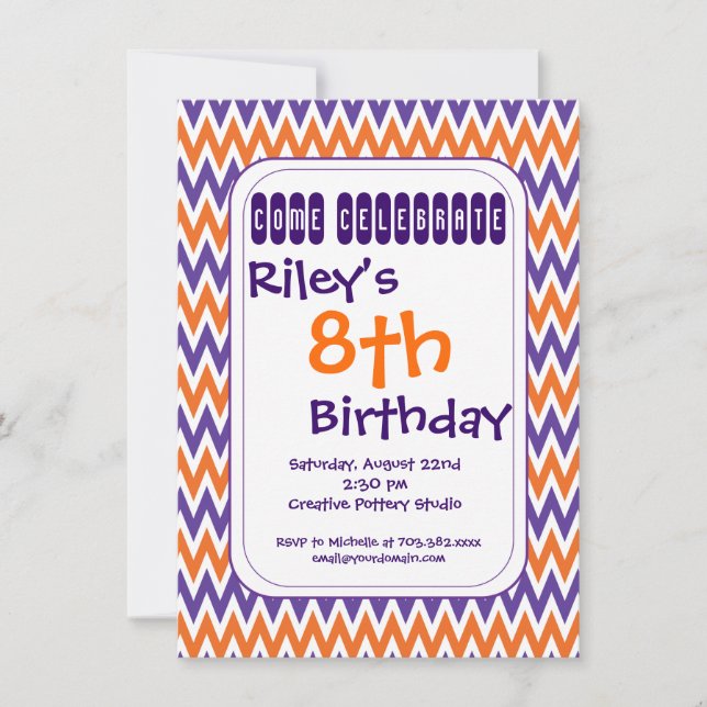 Purple Orange Chevron Invitations de fête d'annive (Devant)