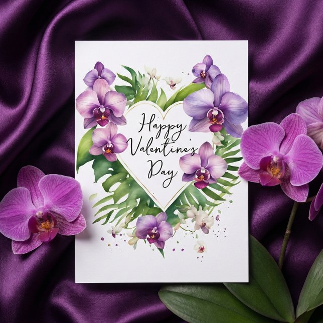 Purple Orchid Watercolor Tropical Valentine's Card (Créateur téléchargé)