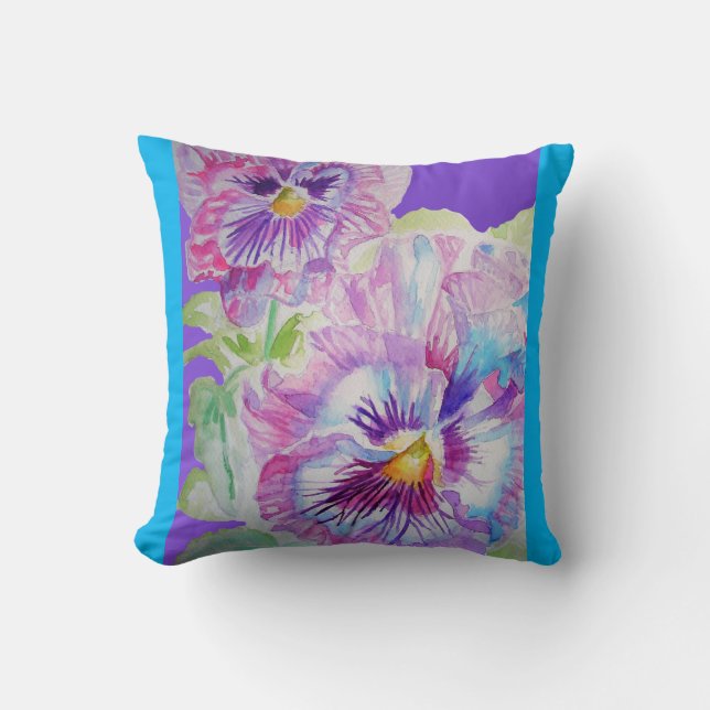 Purple Pansy Fleurs Floral Décor Bleu Coussin (Recto)