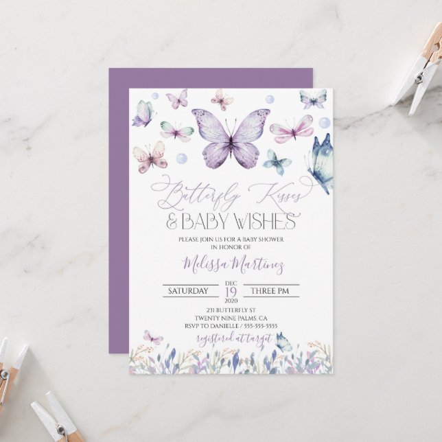 Purple Papillon Baby Girl Baby shower Invitation (Devant/Arrière en situation)