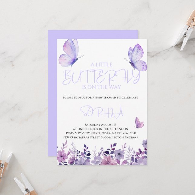 Purple Papillon Baby Shower Invitations (Devant/Arrière en situation)