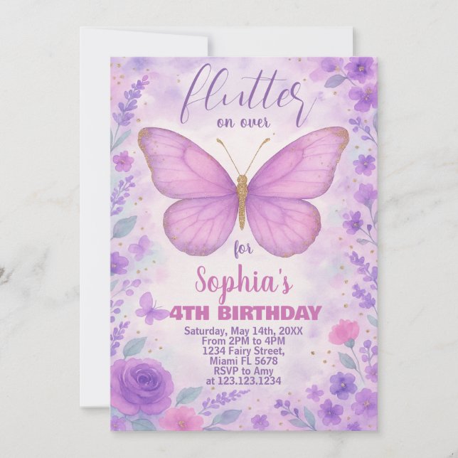 Purple Papillon Invitation d'anniversaire (Devant)