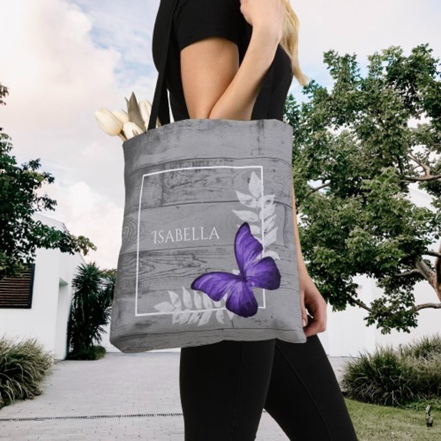 Purple Papillon Rustique Sac fourre-tout personnal (Purple Butterfly Rustic Personalized Tote Bag)
