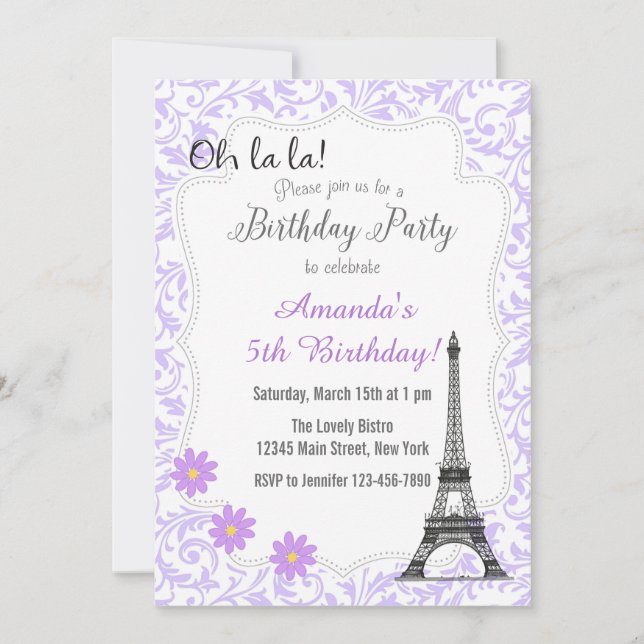 Purple Paris Romantique Anniversaire Invitation (Devant)