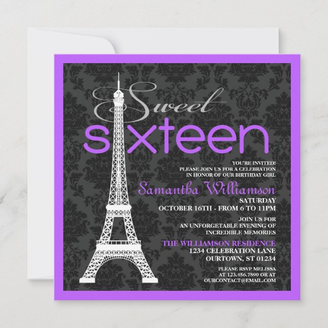 Purple Paris Sweet 16 Invitations (Devant)