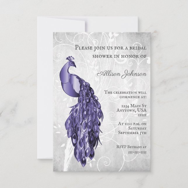 Purple Peacock Invitation à la douche nuptiale (Devant)