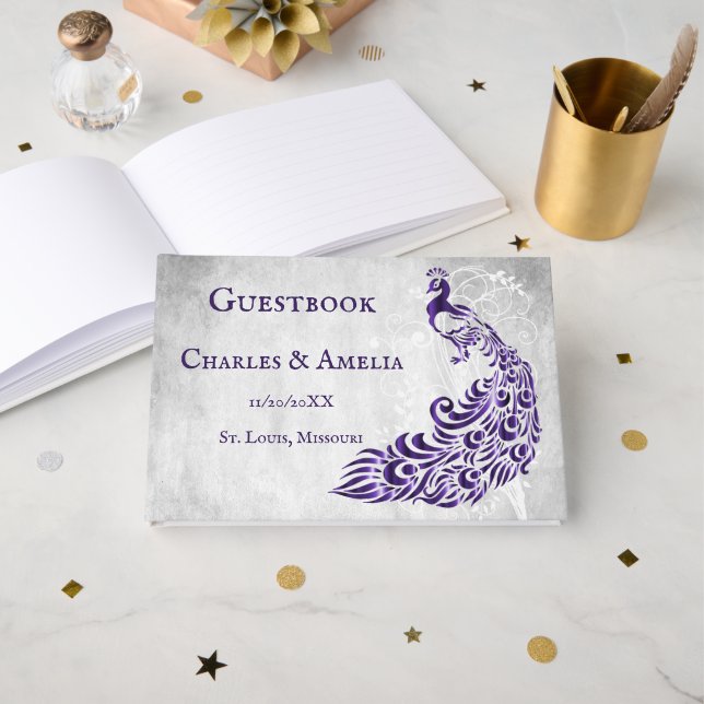 Purple Peacock Leaf Vine Mariage Livre d'or (Recto ouvert)