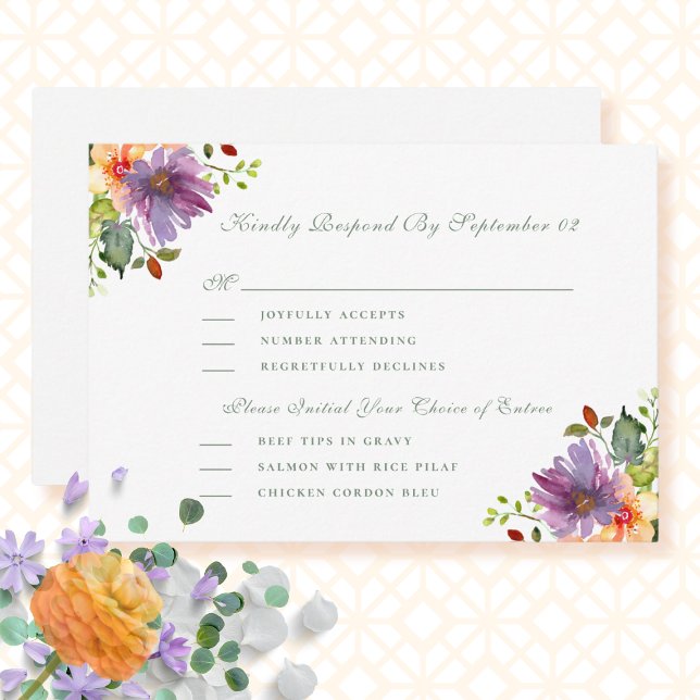 Purple Pêche Florale Menu Sélection Mariage RSVP (Créateur téléchargé)