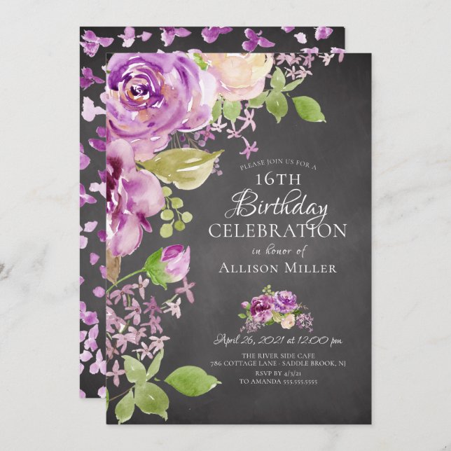 Purple Peonies Floral 16e anniversaire Invitation (Devant / Derrière)