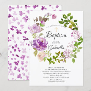Purple Peonies Floral Wreath Baptism Invitation