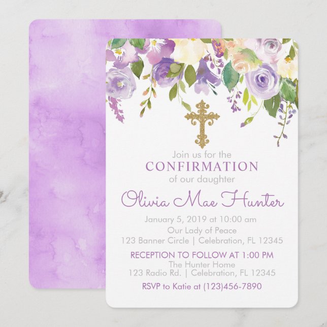 Purple Peonies Girl Confirmation Invitation (Devant / Derrière)
