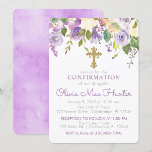 Purple Peonies Girl Confirmation Invitation