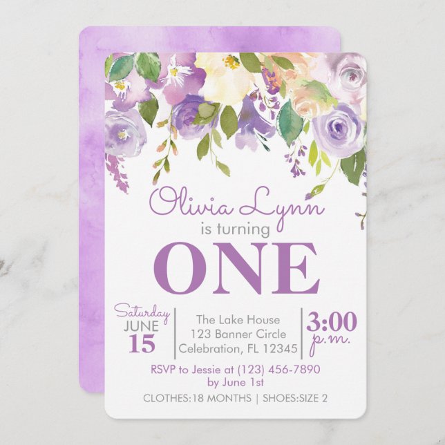 Purple Peonies Girl First Birthday Invitation (Devant / Derrière)