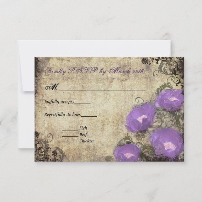 Purple Peonies Vintage Mariage Invitation RSVP (Devant)