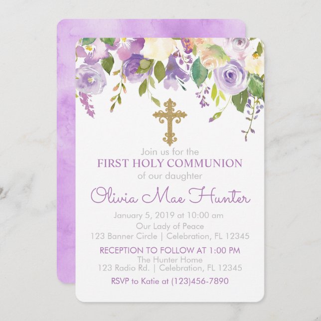 Purple Peony Girl First Holy Communion Invitation (Devant / Derrière)