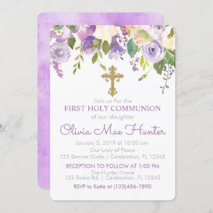 Purple Peony Girl First Holy Communion Invitation