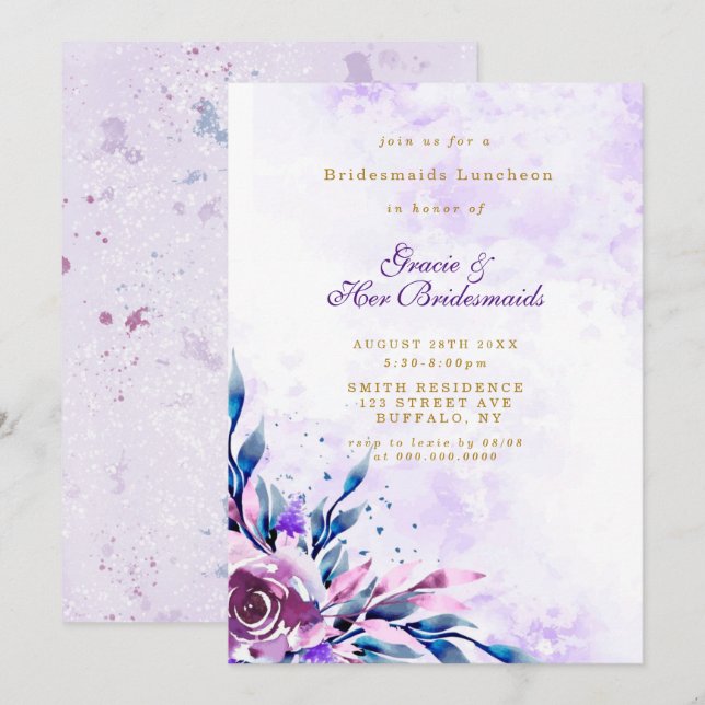 Purple Peony Gold Bridesmaids Luncheon Invitations (Devant / Derrière)