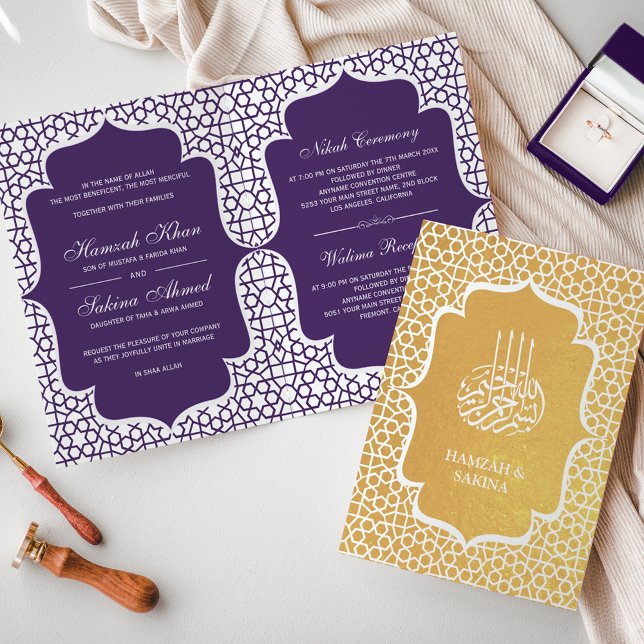 Purple Perse Gold Foil Faire-part de mariage musul (Créateur téléchargé)